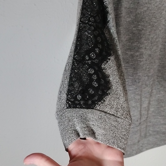 Gray Sweatshirt like Top with Black Lace going down each sleeve - Picture 3 of 11
